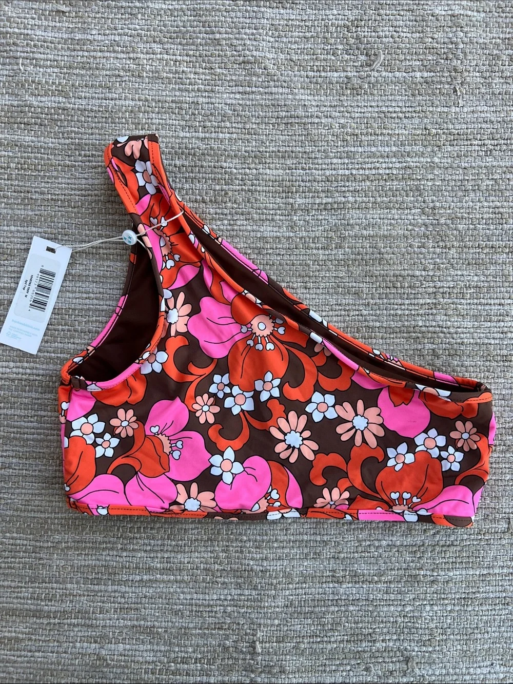Frankies Bikinis one-shoulder Cutout Retro Daisy Brown Orange Pink bikini top M